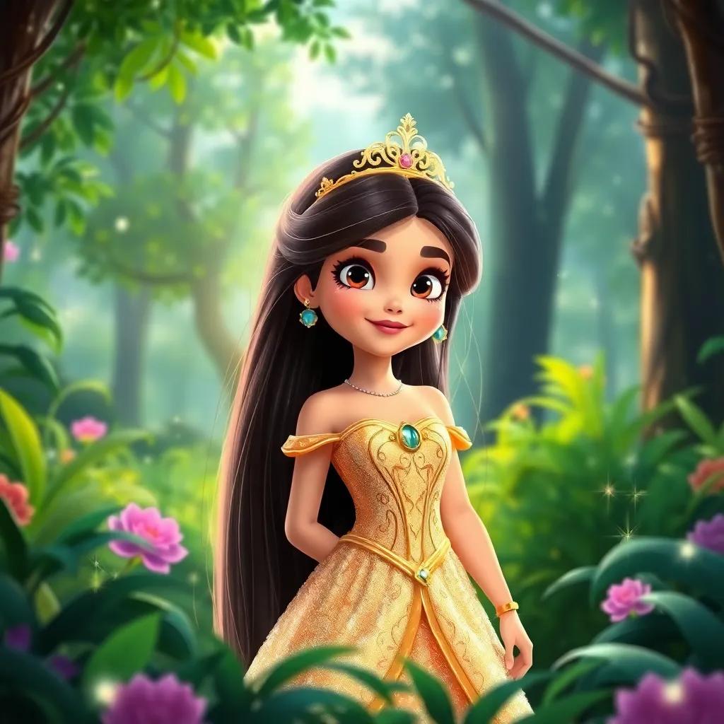 A beautiful princess, Leila, with long dark hair, wearing a shimmering royal dress with a golden crown, standing bravely in a lush green forest, surrounded by sparkling magic, digital art, vibrant colors, cheerful atmosphere, high quality