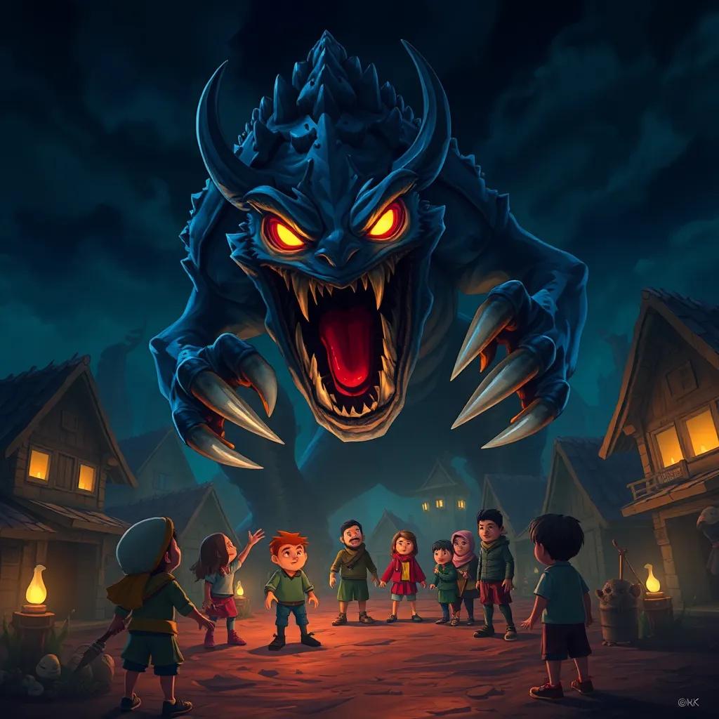 A mysterious monster with glowing eyes and large claws, roaring in a scared village, villagers looking worried, digital illustration, tension in the air, striking colors, engaging perspective, child-friendly