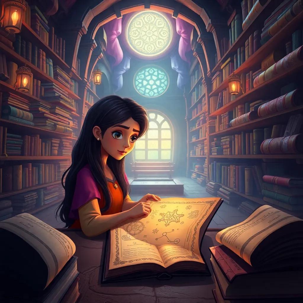 An ancient library filled with books and scrolls, Leila looking at an old puzzle on a page with magic symbols glowing, surrounded by vibrant colors, digital painting, warm light, magical atmosphere, inviting view