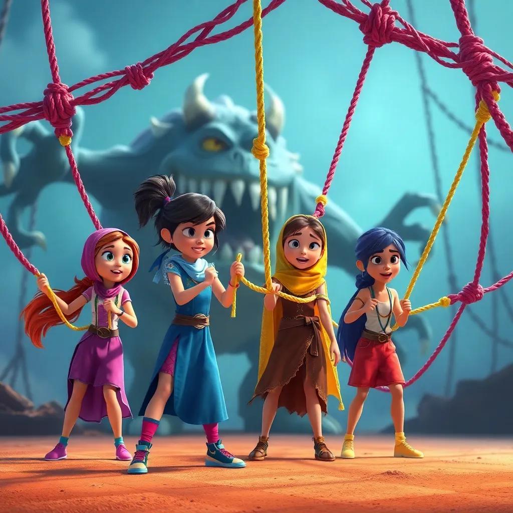 Leila and her friends setting clever traps using colorful ropes and nets, teamwork in action, monster in the background looking confused, dynamic scene, engaging colors, digital art, high quality, uplifting mood