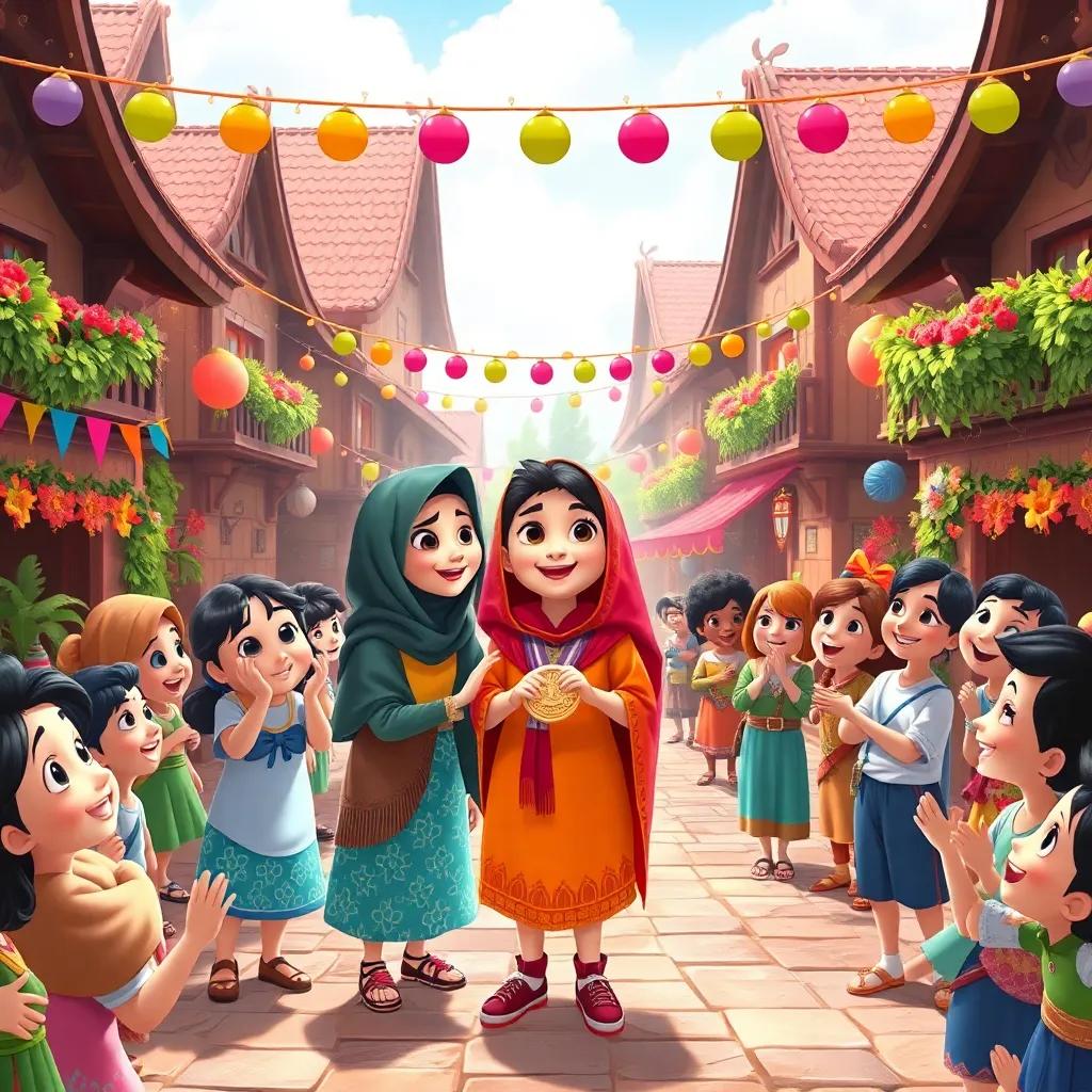 A grand celebration in the village square, Leila receiving a medal with her friends, colorful decorations and happy villagers cheering around, joyful and festive atmosphere, bright colors, digital illustration, high detail, child-friendly