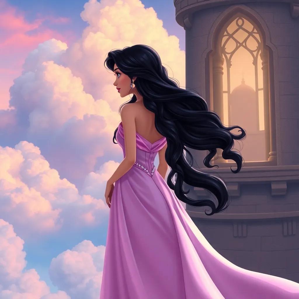 A beautiful princess, Leila, with long, wavy black hair, wearing a flowing silk gown standing by a high tower, looking out the window at the clouds, digital art, colorful, dreamy atmosphere, high quality