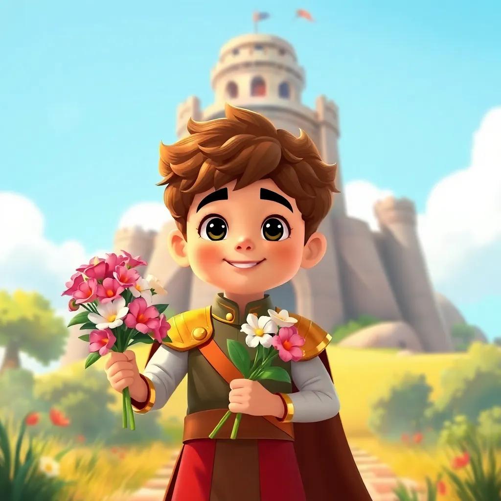 A brave prince, Karim, with short curly brown hair, wearing royal attire holding a bouquet of flowers, approaching the tall tower with hope and determination, illustration, cheerful, adventure-themed, child-friendly
