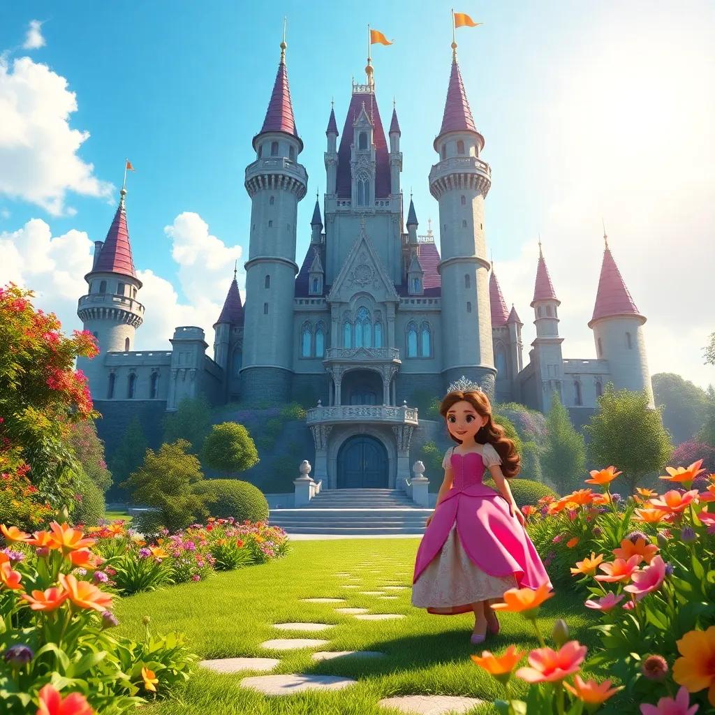 A grand castle with tall towers and lush gardens, a beautiful young princess named Layla walking proudly in the garden, shining sunlight and vibrant flowers, digital art, lively, colorful atmosphere, enchanting view, high quality
