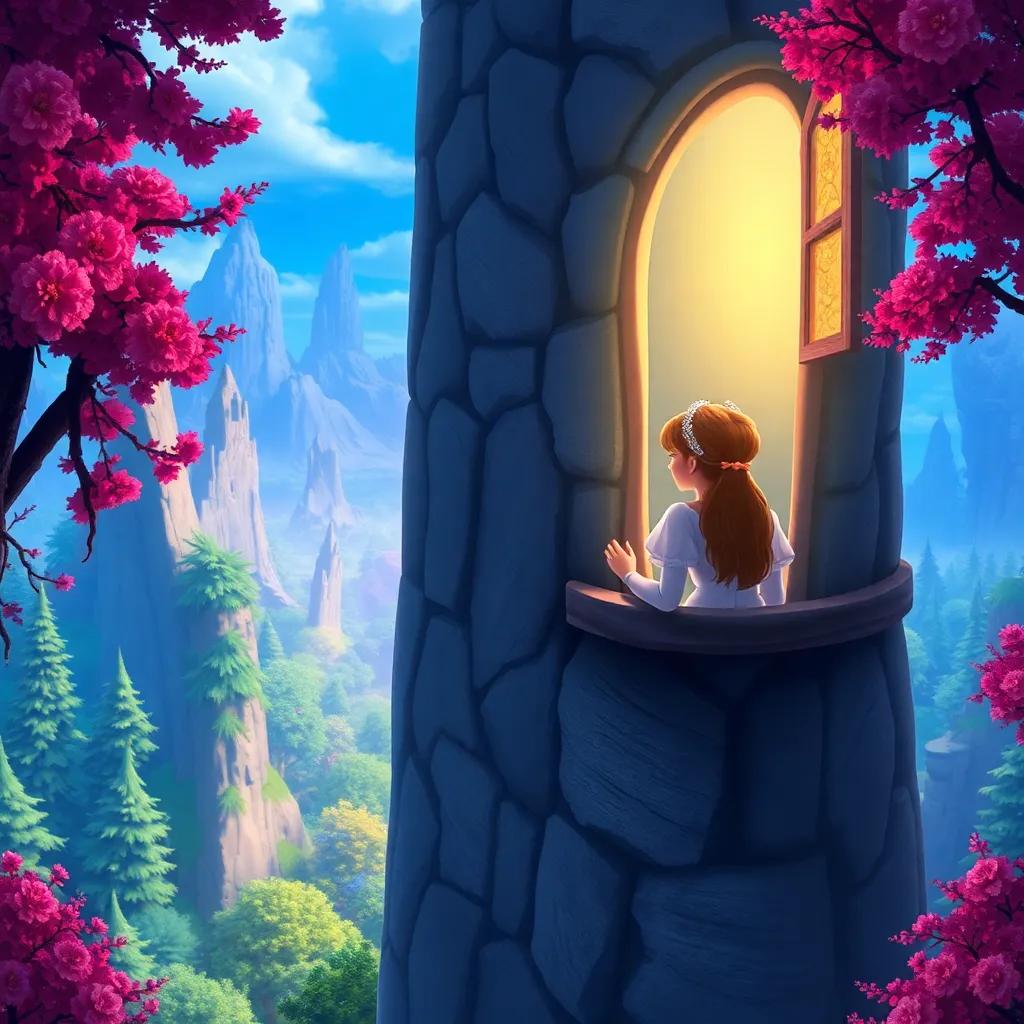 A princess in a tall tower, looking out of the window with determination, surrounded by magical forest, digital art, bright colors, enchanting atmosphere, captivating view, high quality