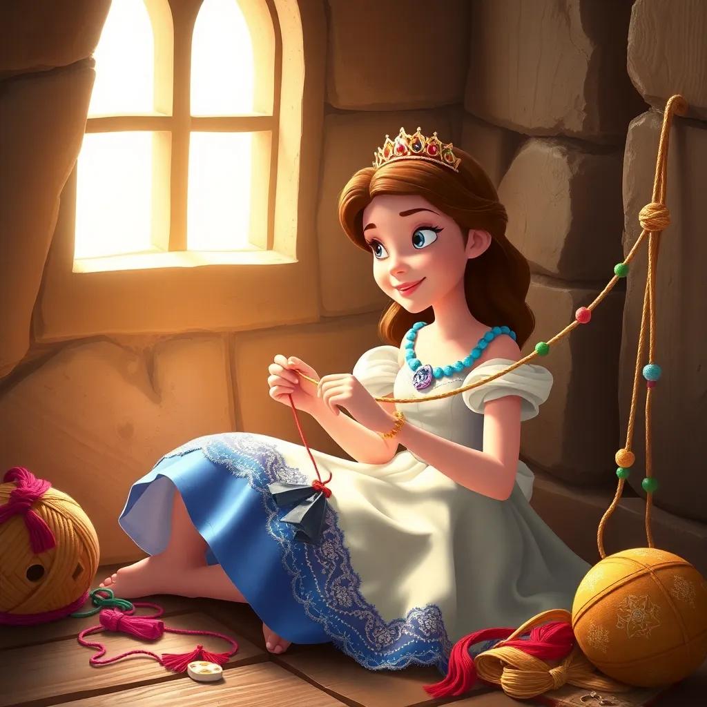 The princess sitting on the floor of the tower, sewing colorful threads into a rope, with a focused expression, soft light coming from a nearby window, vibrant colors, lively scene, high quality