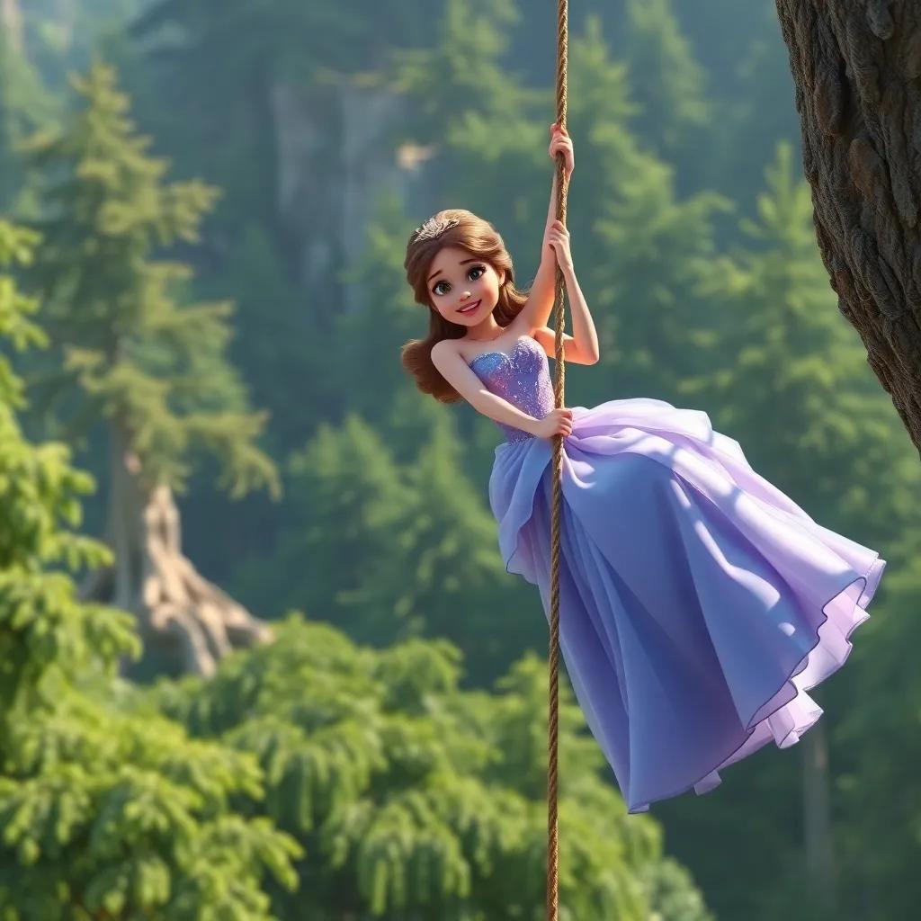 The princess climbing her rope made from threads, with green forest in the background, wearing a beautiful gown, exciting moment, bright sunlight, cheerful atmosphere, high quality