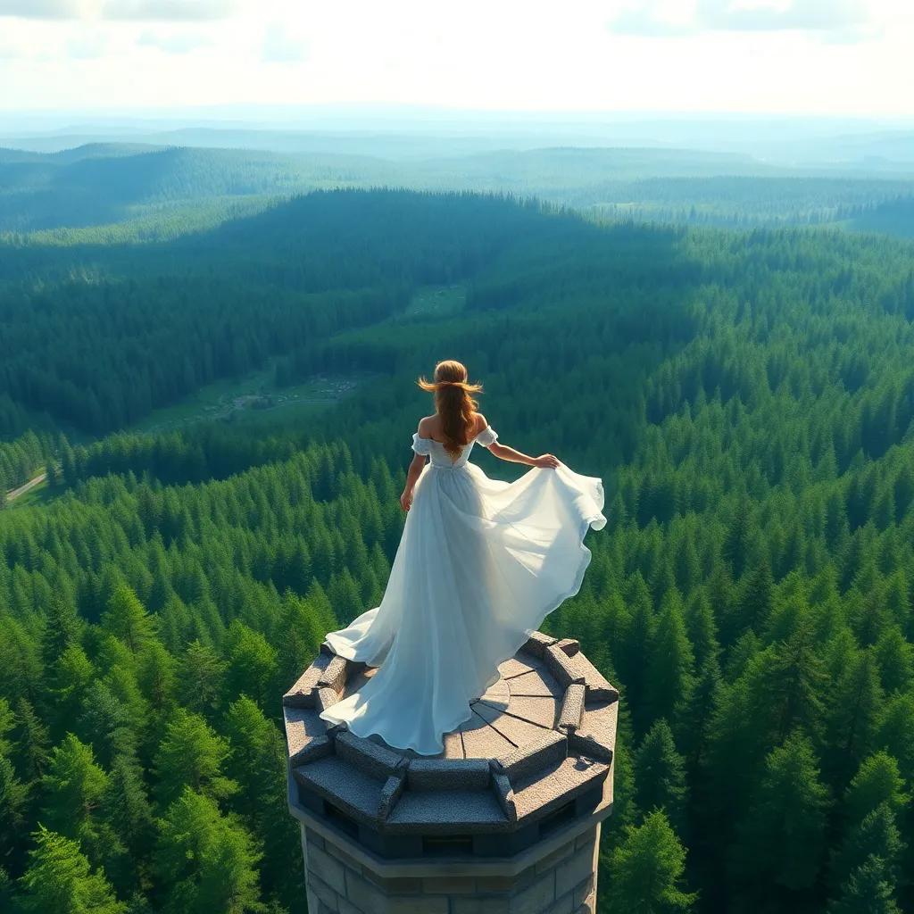 The princess standing on top of the tower, gazing at the vast forest, her dress flowing in the wind, feeling free and empowered, breathtaking view, rich colors, high quality