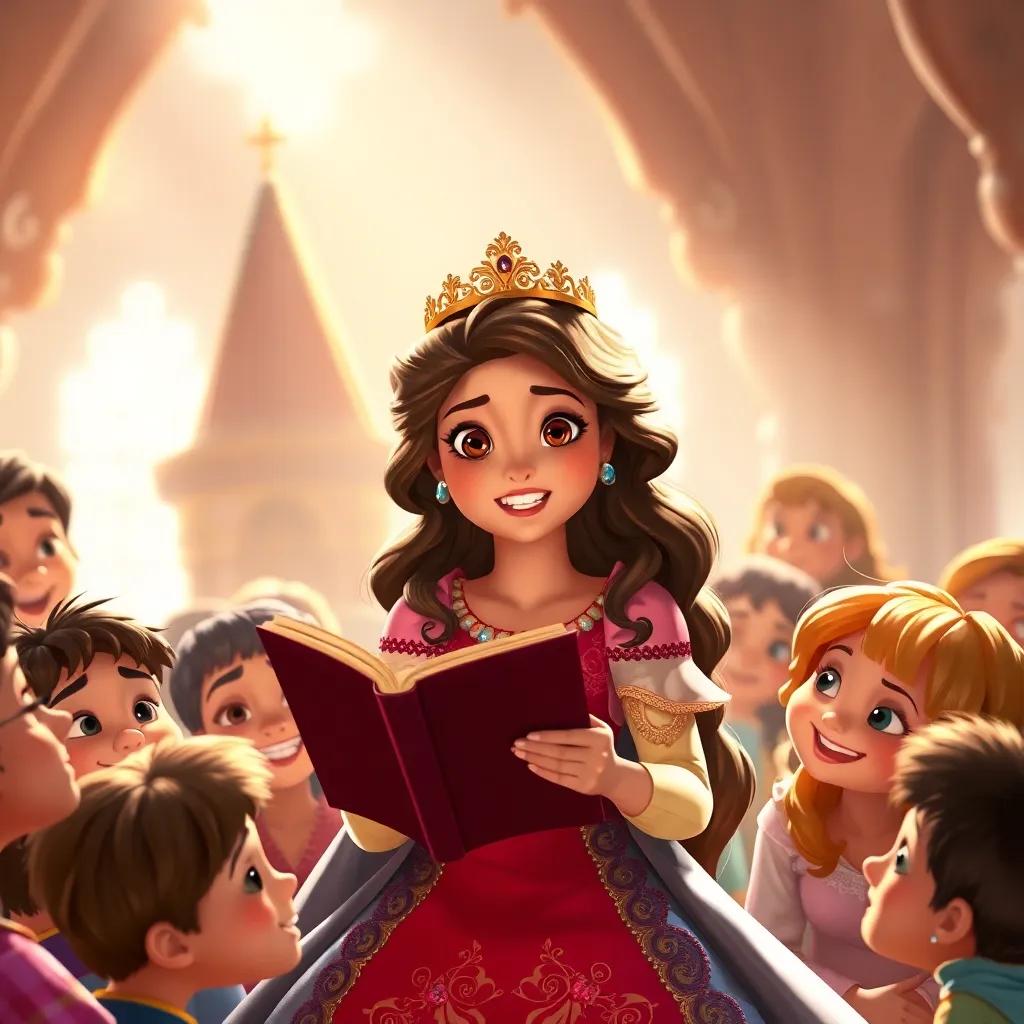 The princess telling her tale to the people of the kingdom, with an inspiring look, surrounded by curious faces, warm light, joyful expressions by the people, high quality