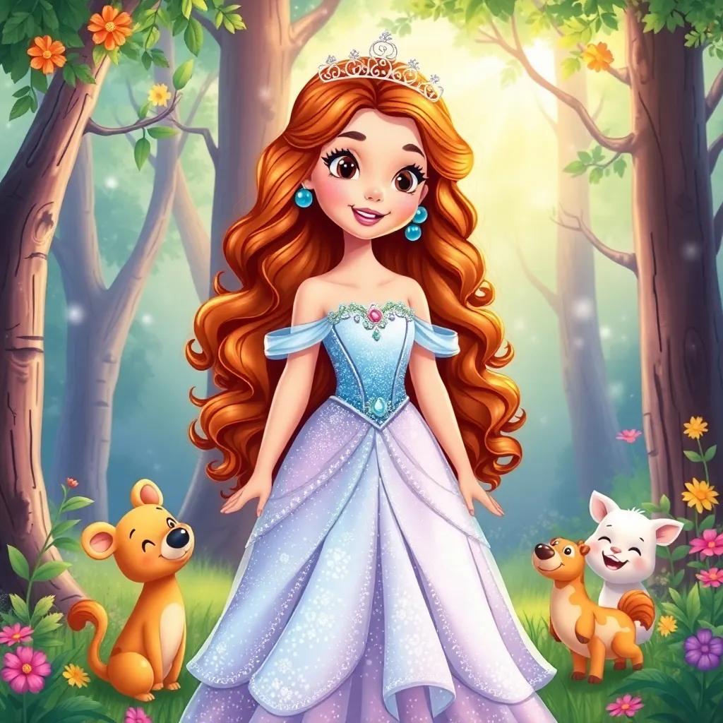 A beautiful princess, Leila, with long, curly hair wearing a sparkling dress, standing in a magical forest with cheerful animals around her, vibrant colors, child-friendly, enchanting scene, high quality