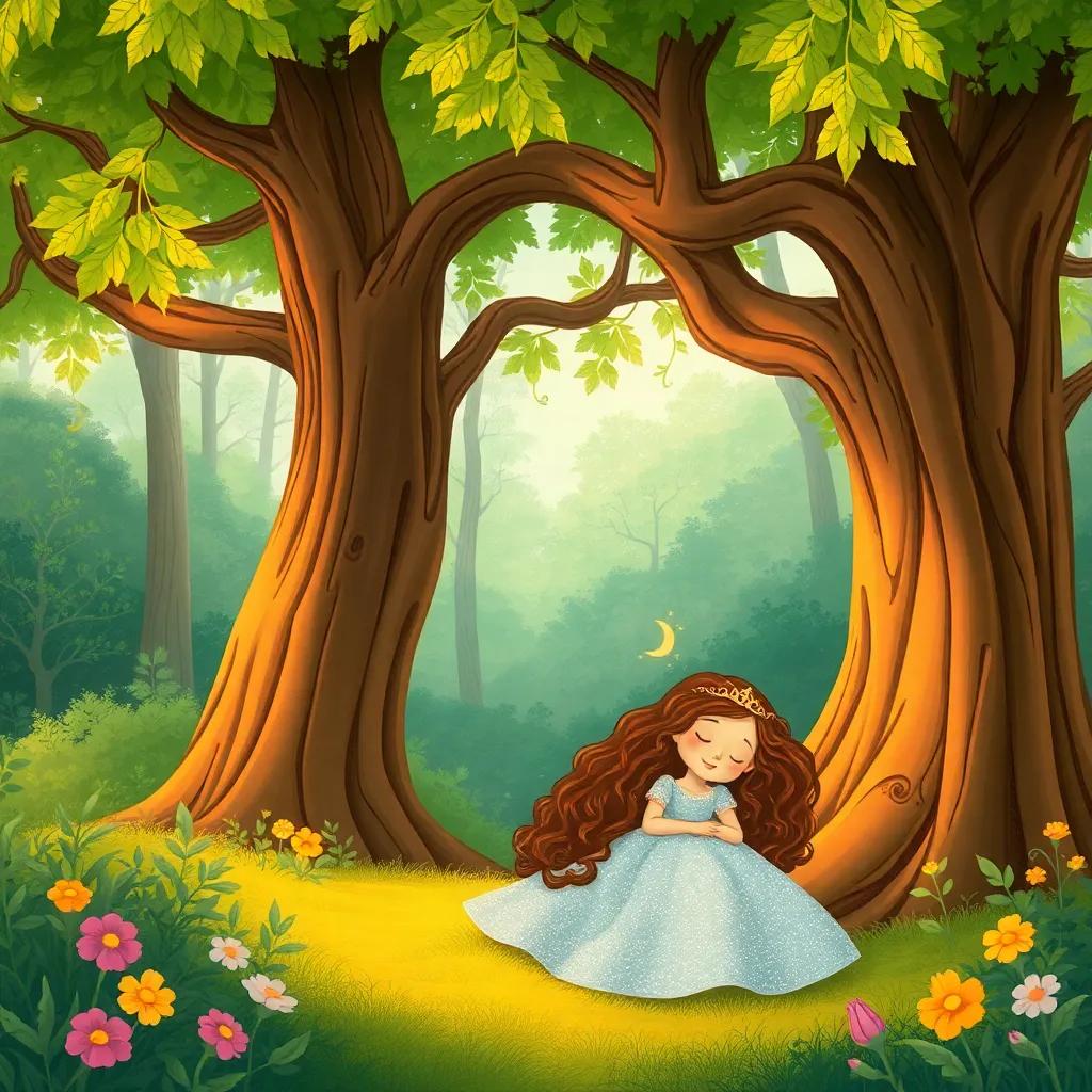 A peaceful forest with a large tree, under which Leila, a beautiful princess with long, curly hair in a sparkling dress, is sleeping peacefully, warm light, serene atmosphere, inviting imagery, high quality