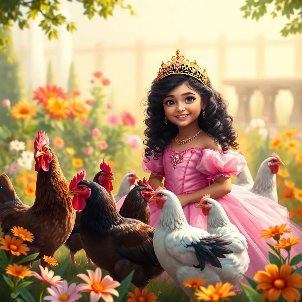A young princess, Zainab, with curly black hair, wearing a beautiful pink dress and a golden tiara, smiling as she feeds her chickens in a bright sunny garden, colorful flowers around, cheerful atmosphere, digital art, warm tones, inviting scene, high quality
