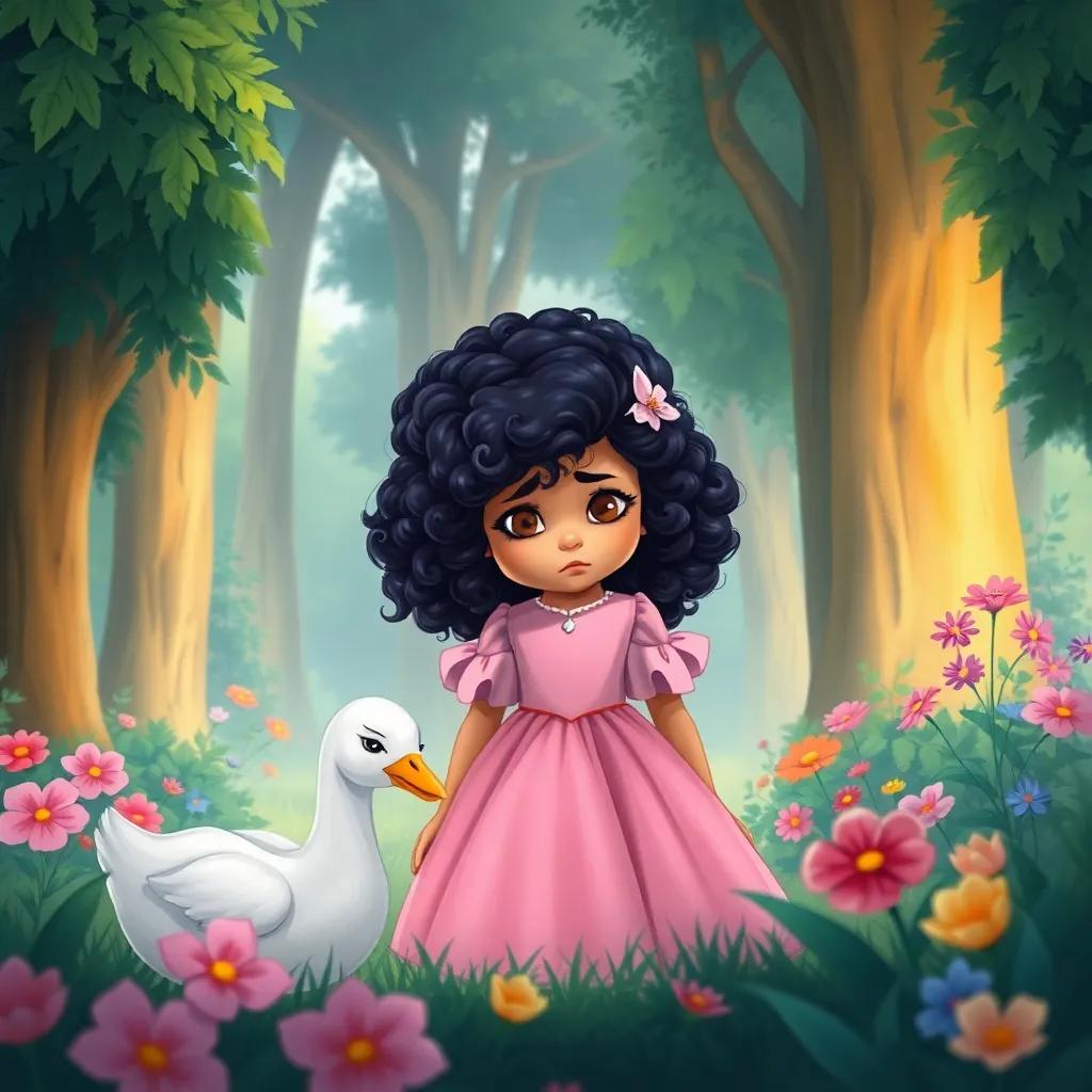Zainab, a young princess with curly black hair in a pink dress, looking sad in the palace garden while searching for her missing goose, surrounded by tall trees and colorful flowers, gentle light, emotional scene, illustration, child-friendly, high detail