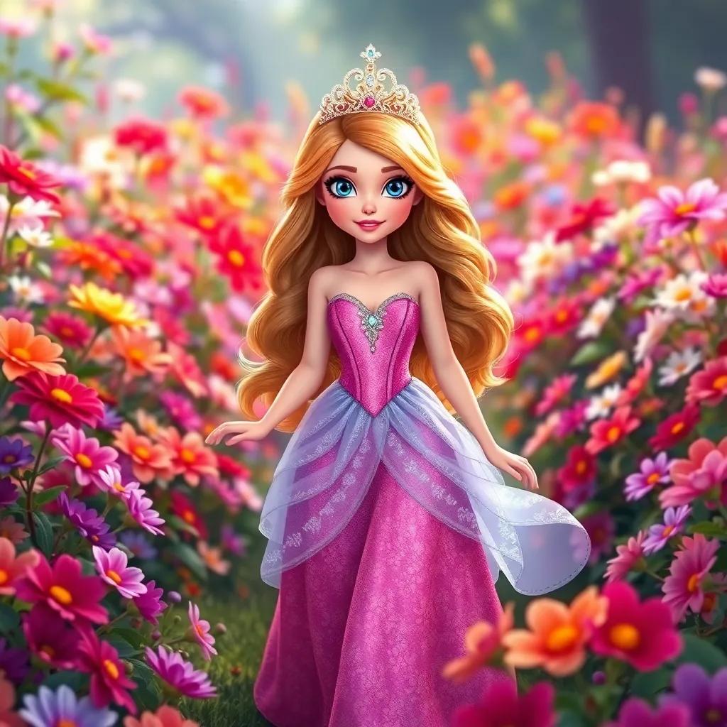 A beautiful fairy tale princess, Sandra, with long, wavy hair and a sparkling crown, walking in a colorful flower garden full of vibrant blooms, digital art, bright colors, enchanting atmosphere, high quality