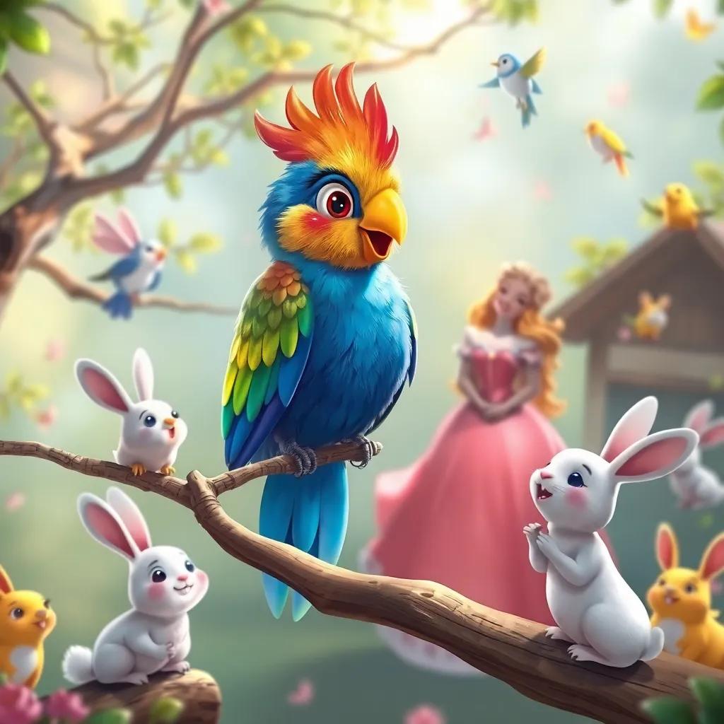 A colorful and shiny bird named Toto, perched on a branch, talking to Princess Sandra, surrounded by joyful rabbits and singing birds, illustration, cheerful, magical scene, child-friendly