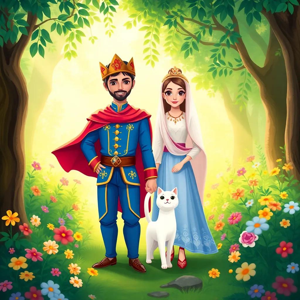 A prince named Ayman and a princess named Fatima, holding hands with their white cat Sisi, standing in a lush green forest filled with colorful flowers, digital art, cheerful, bright colors, warm light, high quality