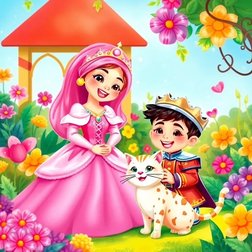 Princess Fatima, wearing a beautiful pink dress, and Prince Ayman, wearing a royal outfit, smiling and playing in a colorful garden with their cat Sisi, vibrant colors, joyful ambiance, highly detailed, child-friendly
