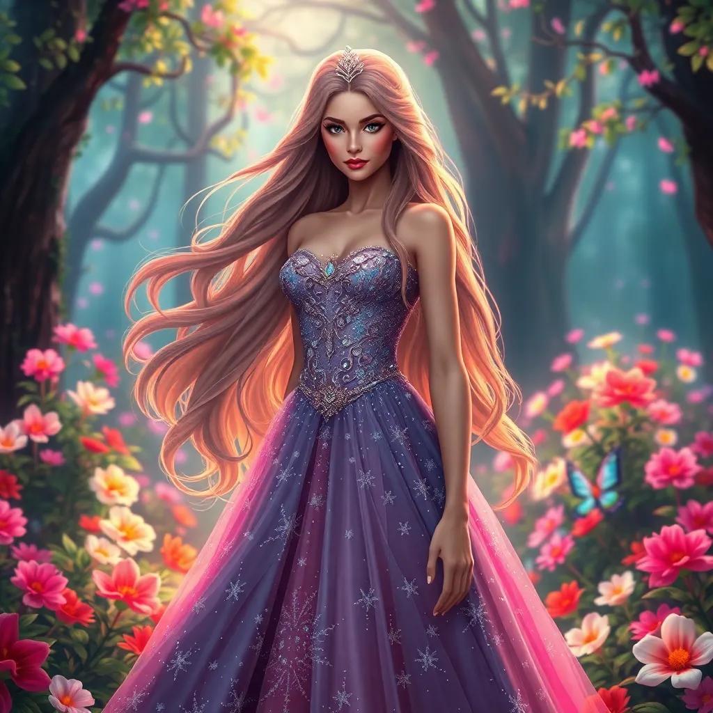A beautiful princess, Kristina, with long flowing hair, wearing a sparkling gown, standing in an enchanted forest with vibrant flowers. She looks determined and confident, digital art, colorful and magical atmosphere, high quality