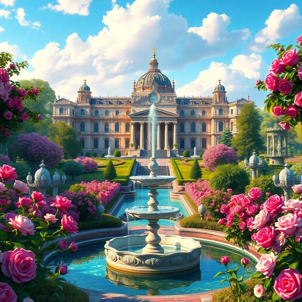 A grand palace surrounded by jasmine and rose gardens, with a beautiful fountain in the foreground, detailed digital art, vibrant colors, enchanting atmosphere, majestic view, high quality