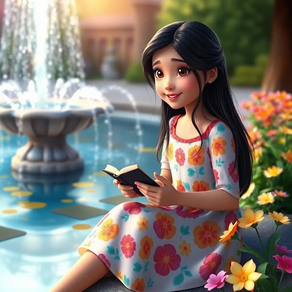 A young girl, Layan, with long dark hair wearing a colorful dress, sitting by a sparkling fountain with a small notebook in her hands, colorful flowers, soft light, imaginative storytelling scene, warm and inviting atmosphere, high quality