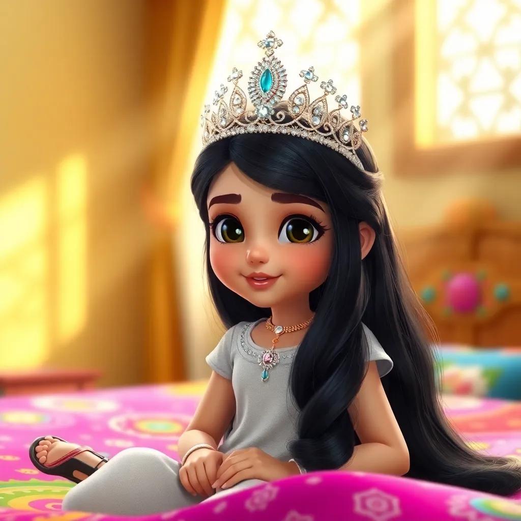 A young Arab girl, Meram, with long black hair, wearing a sparkling tiara made of diamonds and gold, sitting on a colorful bed, bright sunlight streaming through the window, digital art, vibrant colors, cheerful atmosphere, high quality