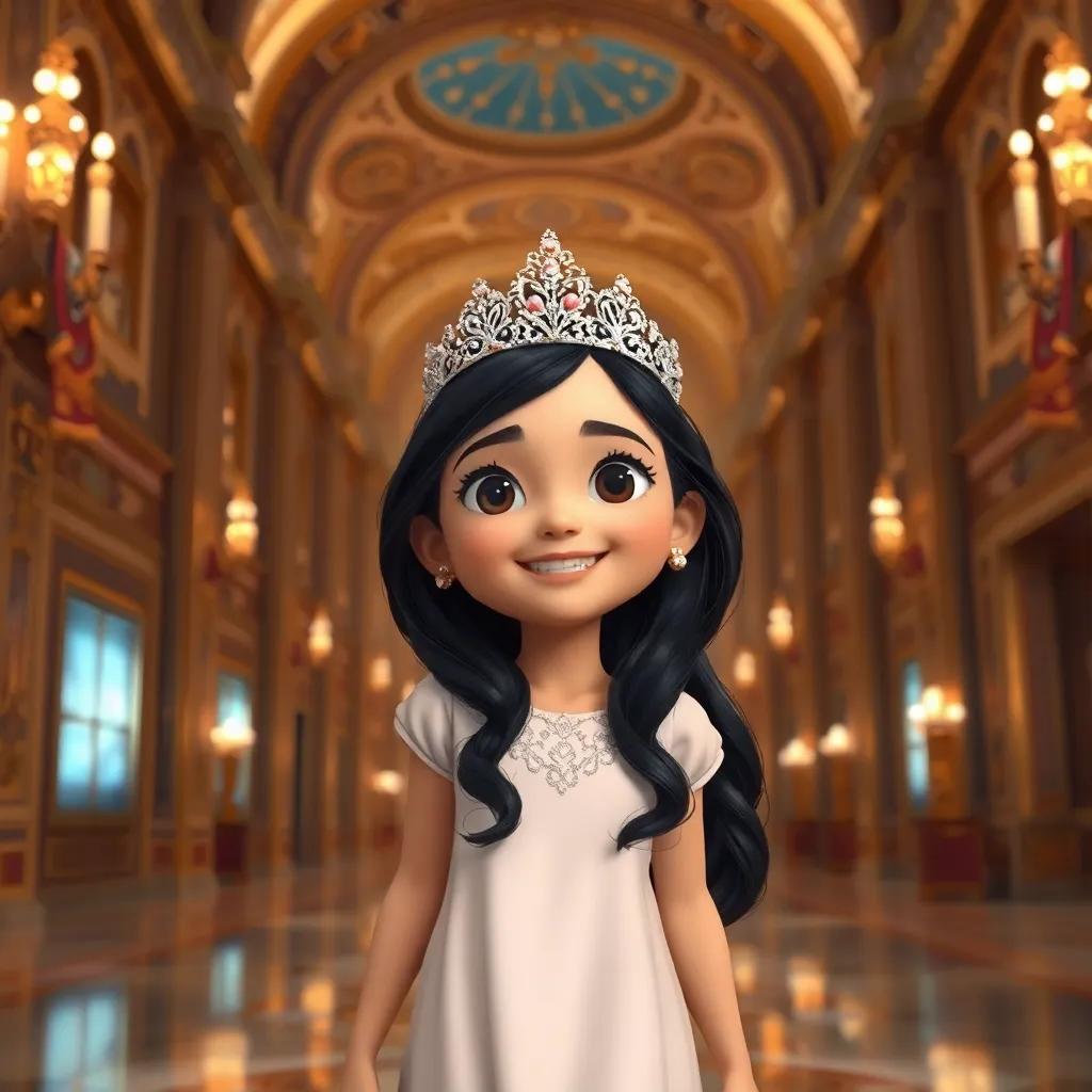 A young Arab girl, Meram, with long black hair, wearing a sparkling tiara, walking joyfully in a grand hall with tall ceilings and beautiful decorations, royal ambiance, warm light, joyful expression, high quality