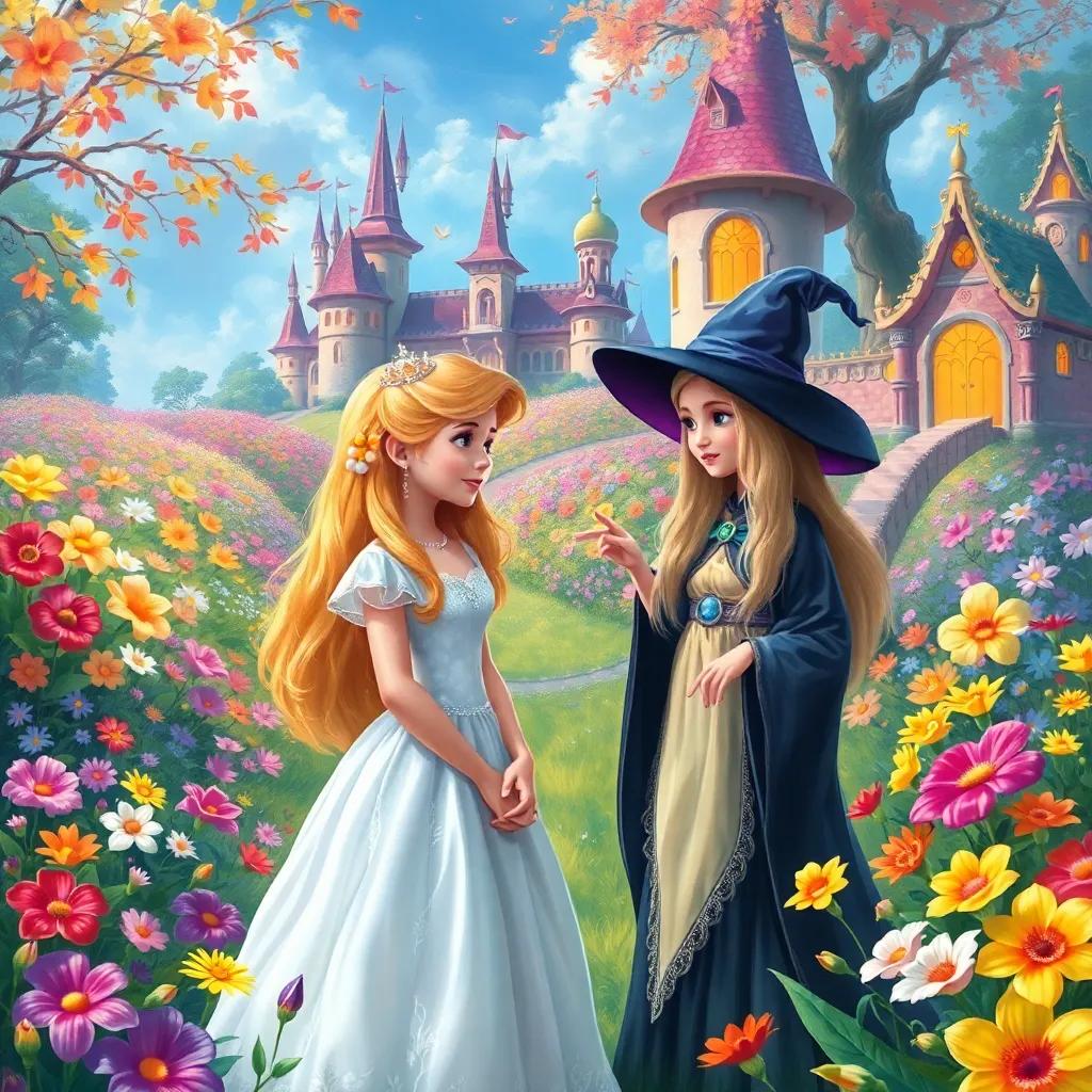 A beautiful fairy tale kingdom with colorful flowers blooming everywhere, a young princess, Nana, with golden hair wearing a white dress, standing with her friend Laura, an enchanting young witch, discussing, digital art, vibrant colors, magical atmosphere, child-friendly