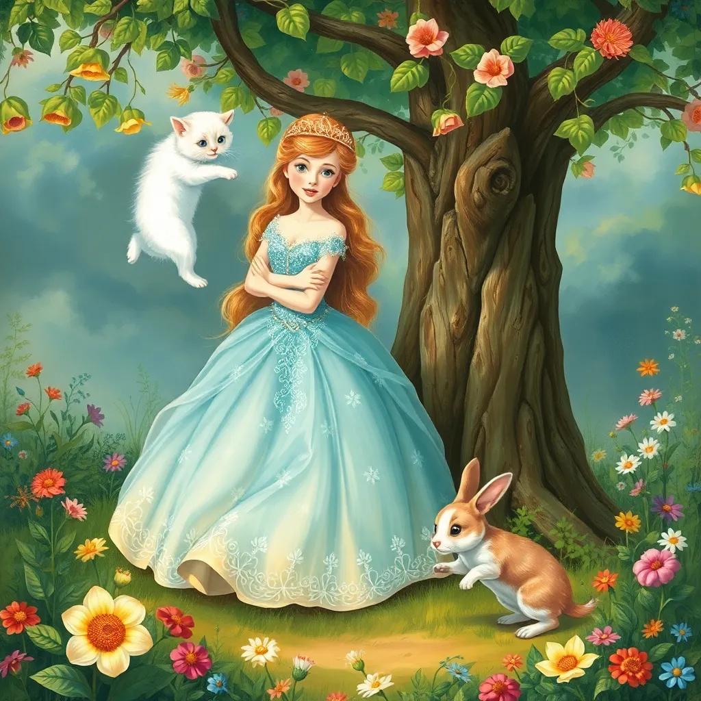 The princess in her sparkling dress, with her fluffy white cat climbing a tree, the small puppy running around, and the rabbit hopping beside them, surrounded by vibrant greenery and flowers, illustration, lively and joyful, child-friendly, high quality