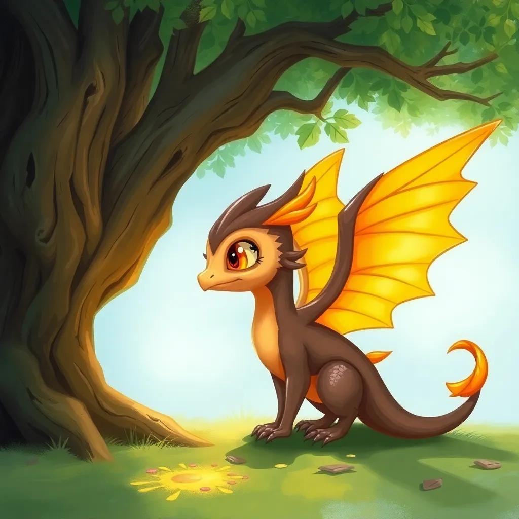 A magical creature with golden wings, resembling a mix of a bird and a small dragon, looking at Princess Salma with warm eyes under an old tree, vibrant colors, enchanting scene, digital painting, high quality