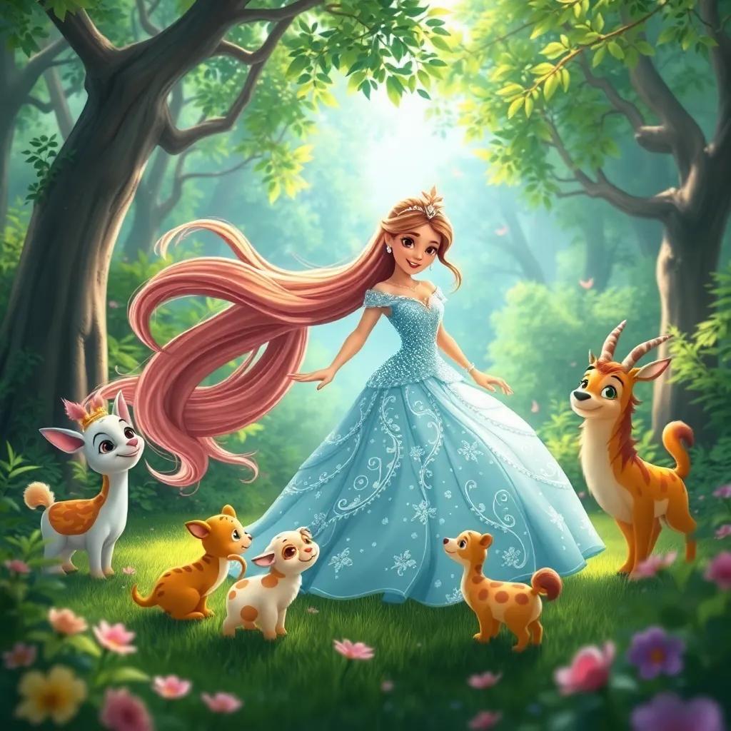 A beautiful princess, Layla, with long flowing hair and a sparkling gown, playing with animals in a lush green forest, digital art, vibrant colors, cheerful atmosphere, high quality