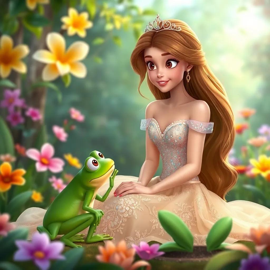 A beautiful princess, with long flowing hair, wearing a sparkling gown, sitting in a lush garden with colorful flowers, looking surprised at a magical frog, digital art, vibrant colors, cheerful atmosphere, high quality