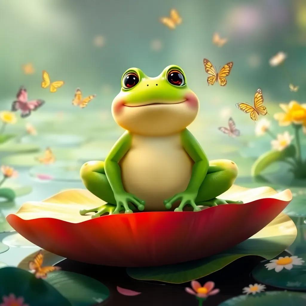 A magical frog, with bright green skin and a friendly smile, sitting on a large lily pad, speaking to the princess in the garden, surrounded by butterflies, illustration, whimsical style, inviting light, child-friendly