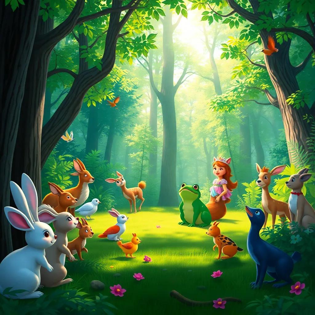 A lively forest scene, with various animals like rabbits, deer, and birds looking curiously at the magical frog and the princess, bright sunlight filtering through the trees, cheerful vibe, vibrant colors, high quality