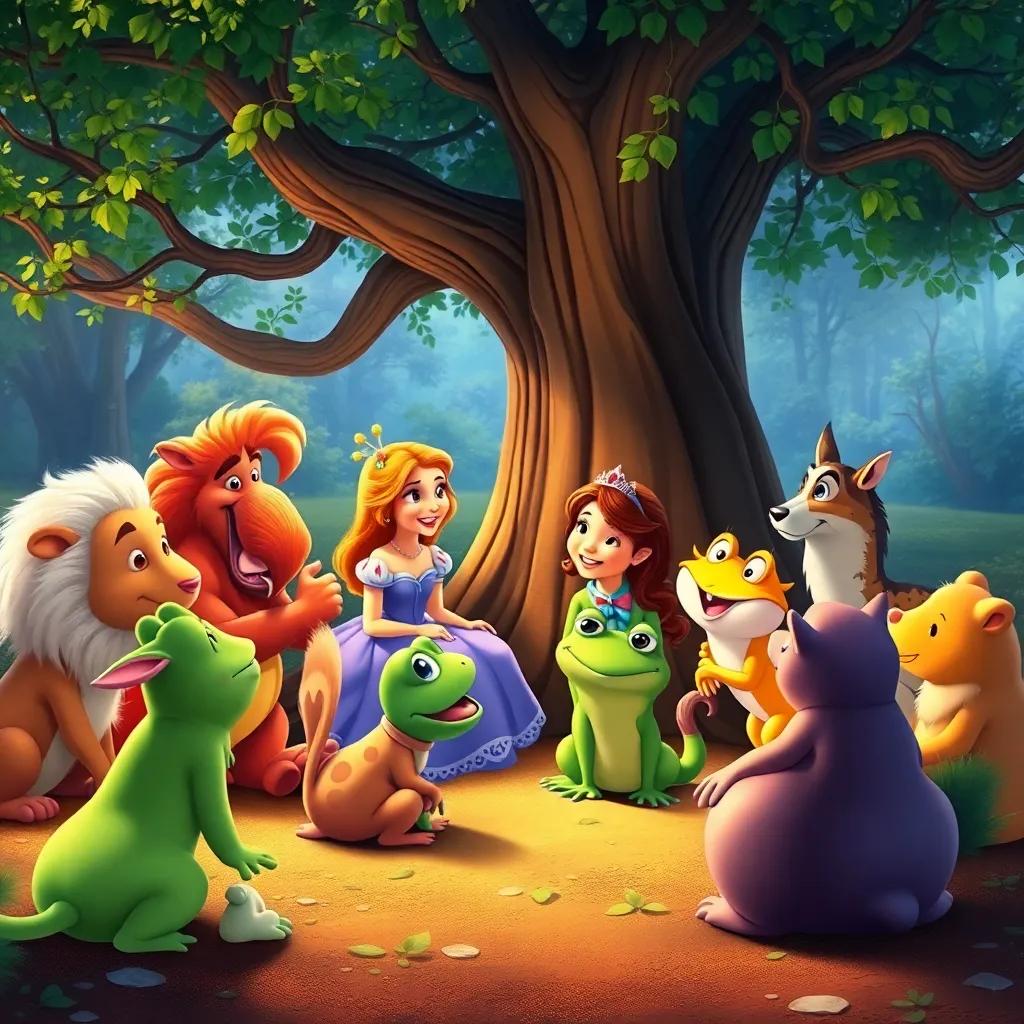 The princess and the magical frog teaching the animals about friendship, all happily gathered together in a circle under a large tree, joyful expressions, colorful, heartwarming light, child-friendly