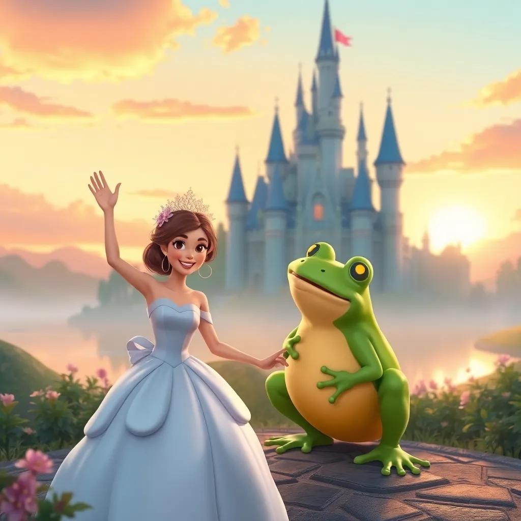 The princess waving goodbye to the magical frog as they return to the castle, smiling and happy, a beautiful sunset in the background, soft colors, uplifting atmosphere, digital illustration, high quality