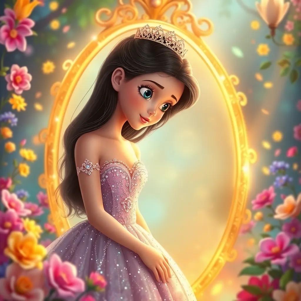 A beautiful young princess, Layla, with long dark hair, wearing a sparkling gown, looking curiously into a magical mirror surrounded by colorful flowers and golden light, digital art, enchanting atmosphere, vibrant colors, high quality
