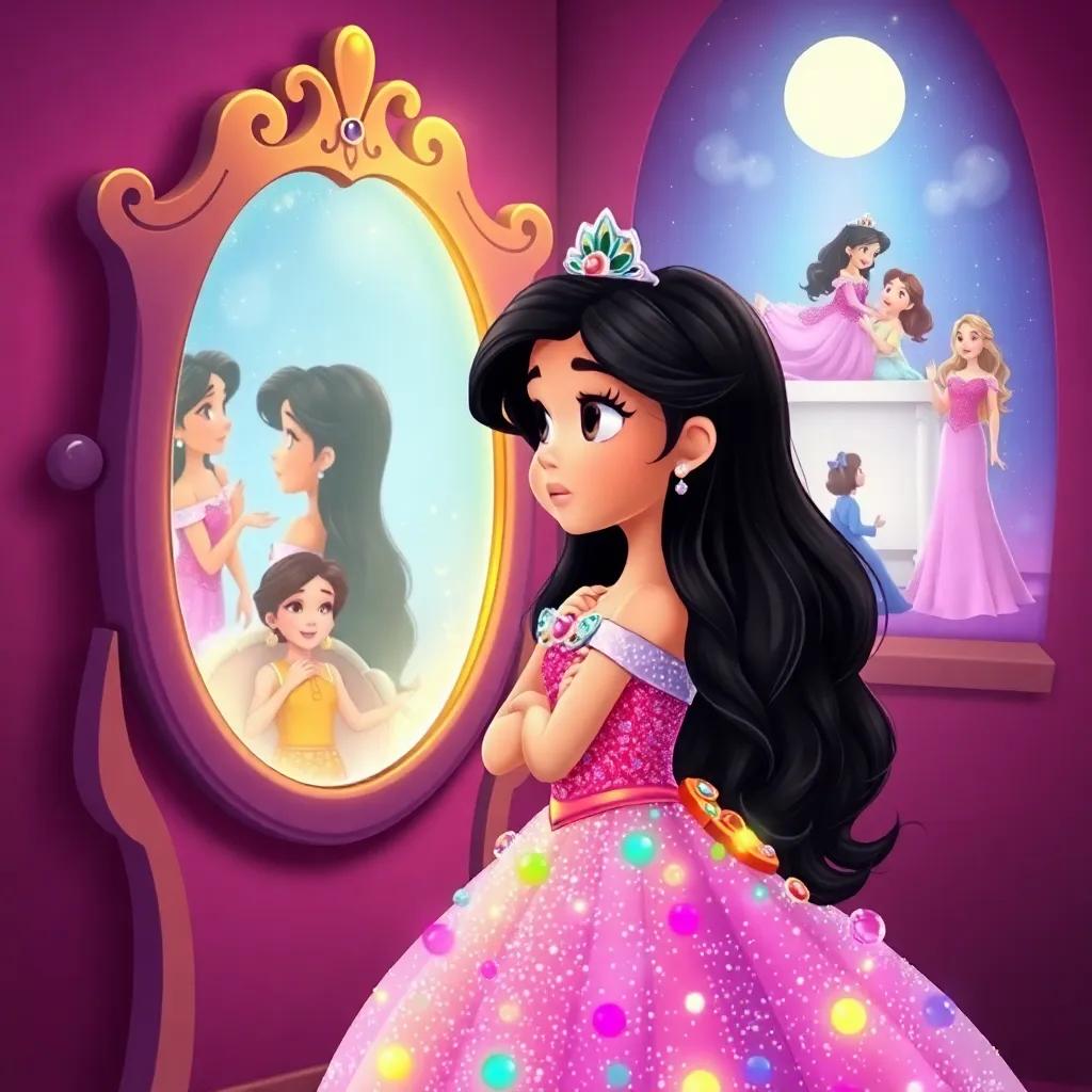Layla, the princess with long dark hair in a colorful sparkling gown, gazing thoughtfully into the magical mirror displaying different images of herself in various life situations, detailed illustration, fantasy theme, child-friendly