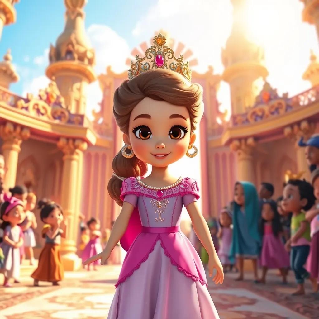 Layla, the princess, with determination in her eyes, stepping out of a grand, lavish palace into the bright, open world filled with lively children and people in need, cheerful style, warm sunlight, vibrant