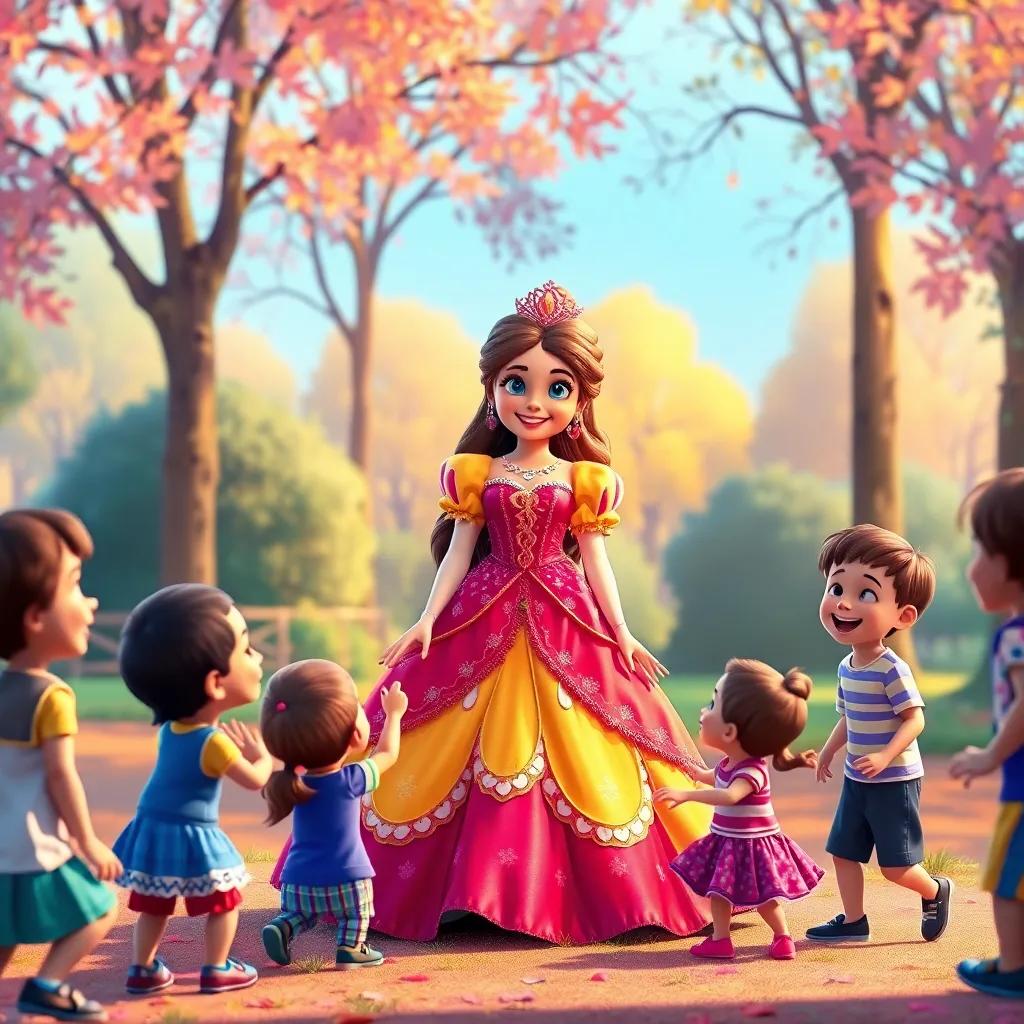 Layla, the princess in her colorful gown, joyfully helping children play in the park, with smiles and laughter all around, colorful and warm light, heartwarming atmosphere, storytelling