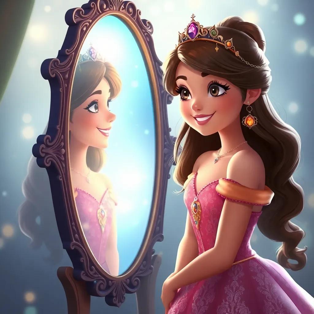 Layla, the princess with a confident smile, gazing into the magical mirror again, now showing a more mature version of herself surrounded by light, signifying growth and self-discovery, fantasy art, uplifting imagery