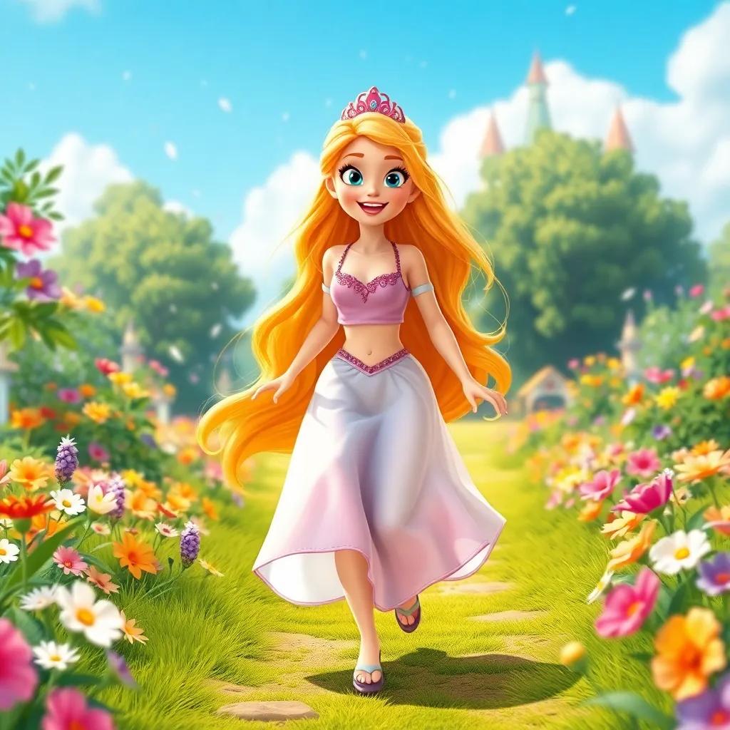 A beautiful princess, Liana, with long golden hair, running joyfully in a picturesque garden filled with colorful flowers and a bright blue sky, vibrant and cheerful, digital art, detailed, inviting atmosphere