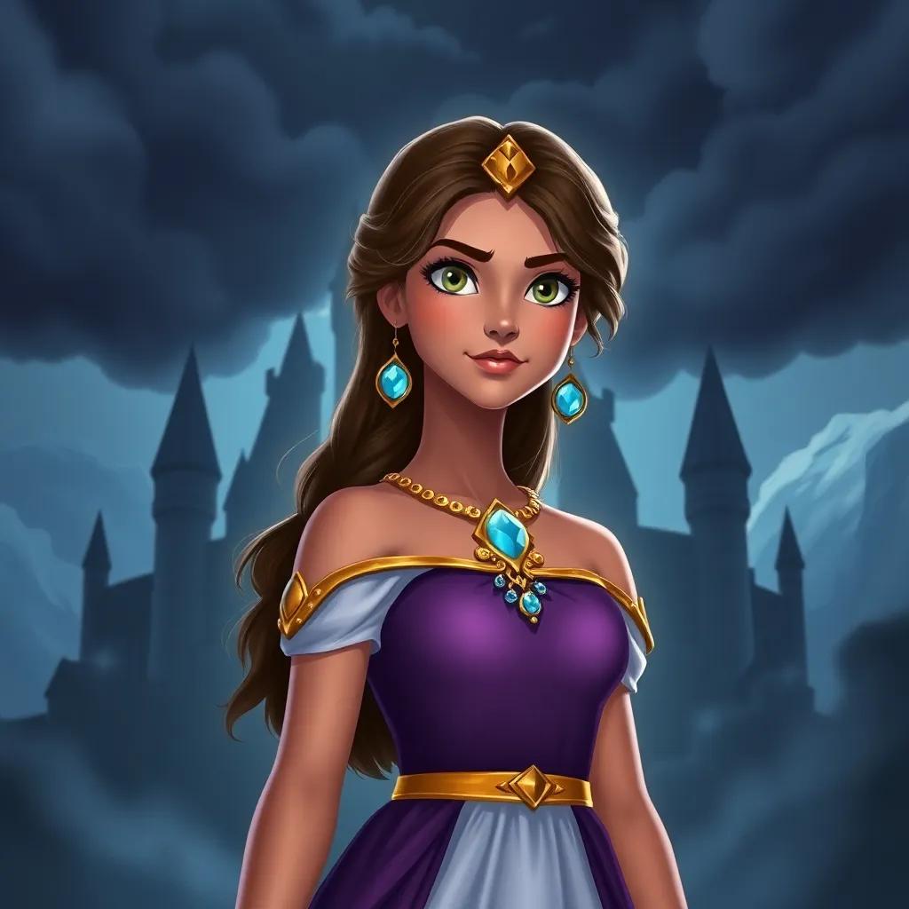 A determined princess, Liana, wearing a golden necklace with a glowing blue jewel, standing bravely in front of a dark castle surrounded by stormy clouds, a scene of courage and adventure, illustration, mystical, dramatic lighting, high quality