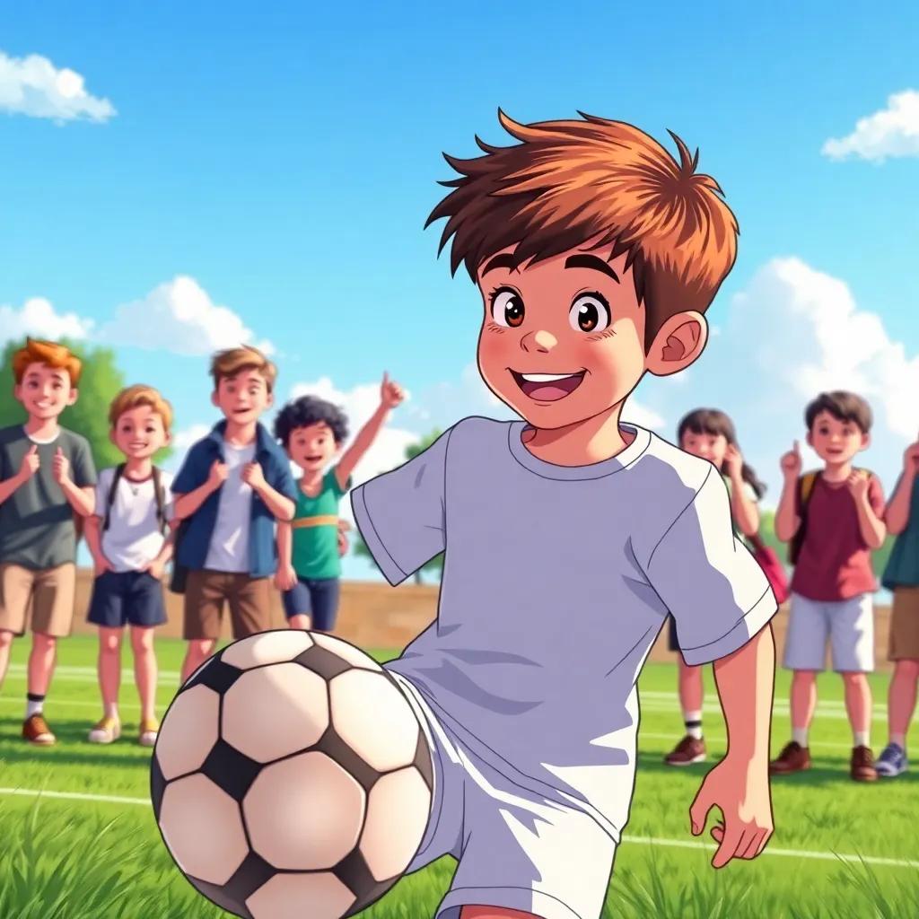 A young boy, Jack, with brown hair, wearing a simple shirt and pants, practicing soccer on a sunny day, surrounded by friends cheering, joyful expressions, illustrating camaraderie and dreams, bright colors, lively scene, high quality
