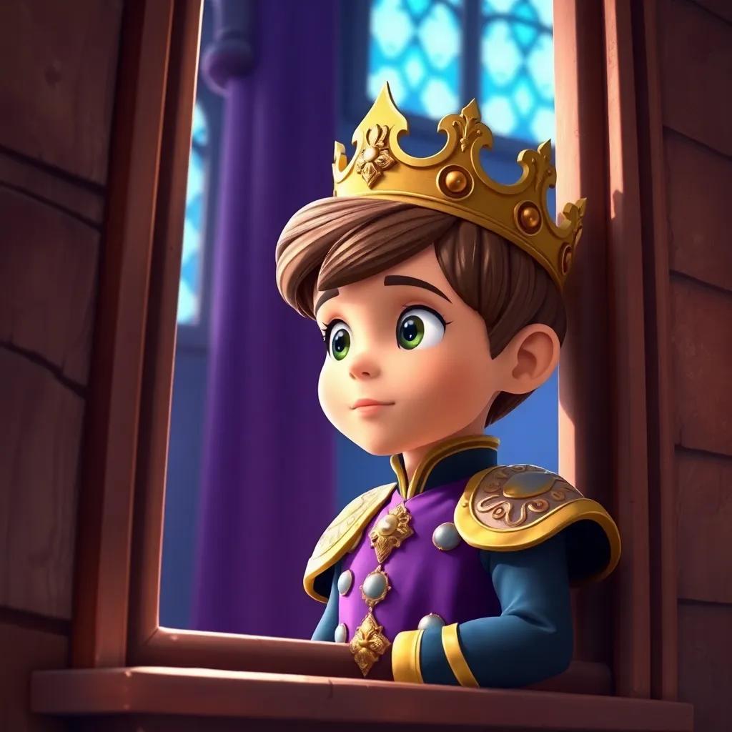 A small prince in a grand castle, looking out of a window with an eager expression, wearing a royal outfit with a golden crown, detailed digital art, bright colors, magical atmosphere, high quality