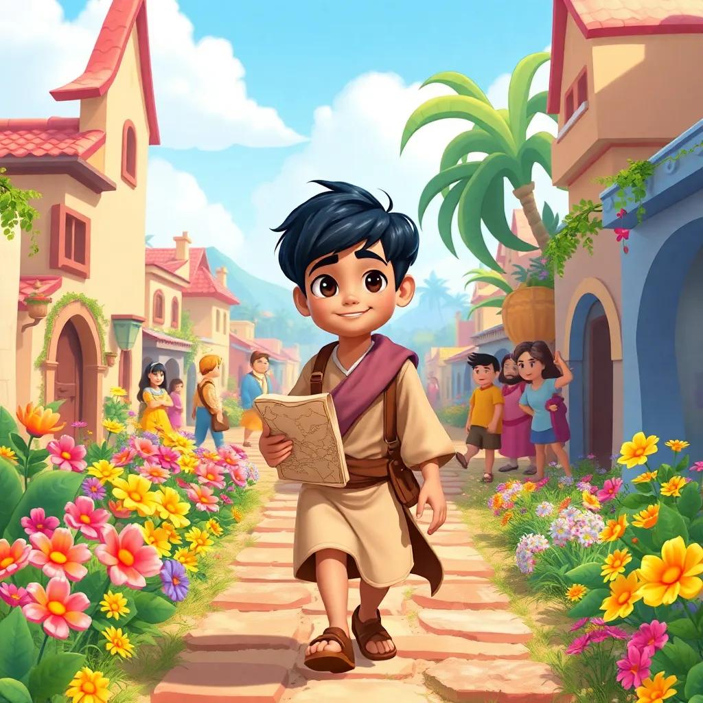 A young Arab prince, with short black hair, wearing a simple tunic and carrying an old map, walking along a colorful village path, surrounded by vibrant flowers and cheerful villagers, illustration, bright colors, cheerful, child-friendly