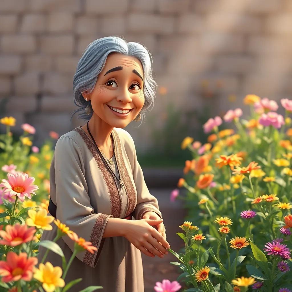 An elderly Arab woman, with gray hair and a kind smile, wearing a traditional dress, tending to a beautiful garden full of flowers, sunlight shining down, peaceful and inviting, digital art, warm colors, realistic, heartwarming