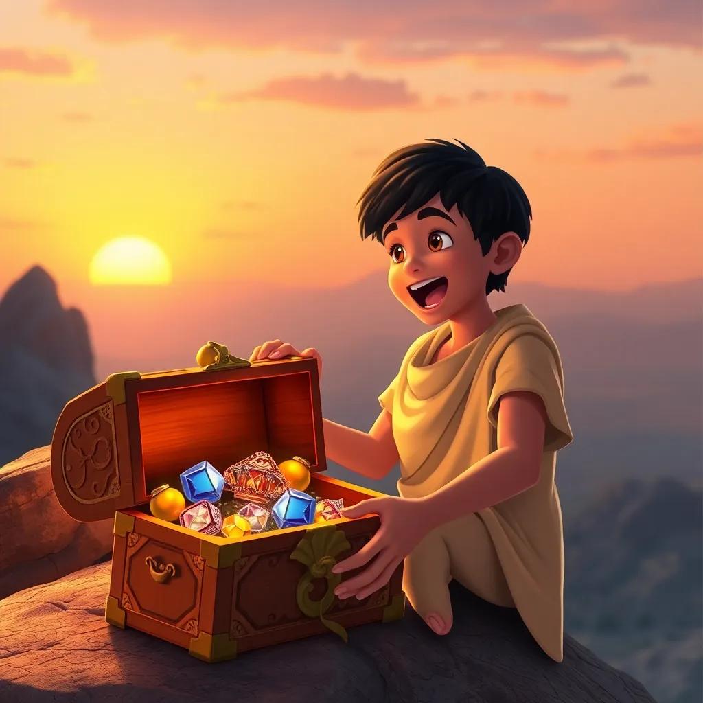 A young Arab prince, with short black hair, wearing a simple tunic, excitedly discovering a treasure chest filled with beautiful objects on a mountain top, sunset in the background, glowing atmosphere, magical feeling, high quality