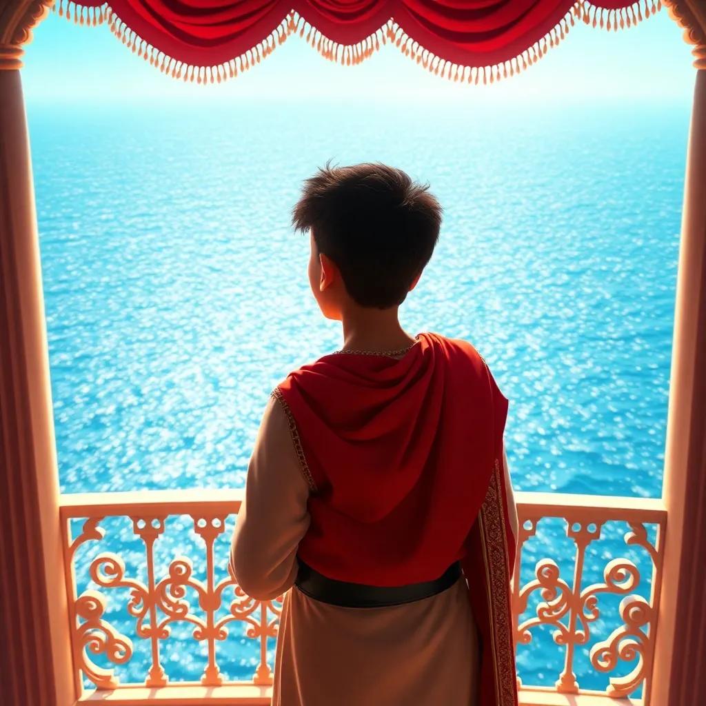 A young Arab prince, wearing a royal outfit, gazing at the ocean from a palace balcony; the sea is shimmering and vibrant, a sense of wonder in the air, digital art, colorful, bright light, fantasy, high quality