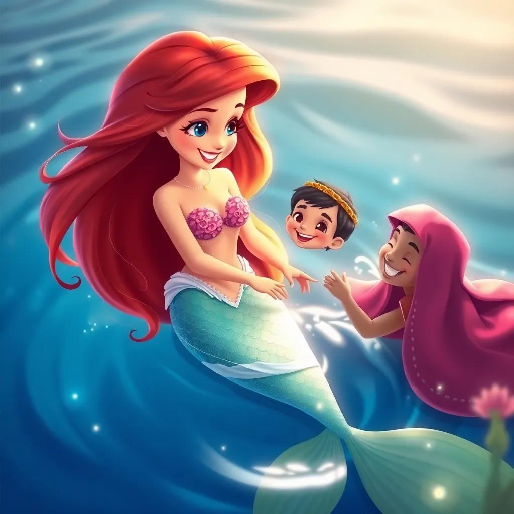 A beautiful mermaid, with long flowing hair and shimmering tail, greeting the young Arab prince, with a big smile; the water sparkling around her, enchanting and playful atmosphere, illustration, warm colors, child-friendly