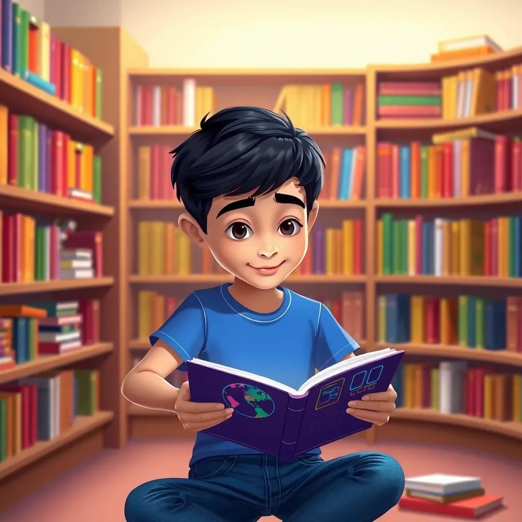 Ali, a young Arab boy with short black hair in a blue t-shirt and jeans, reading a book about technology, with shelves of colorful books around him, illustration, educational theme, engaging